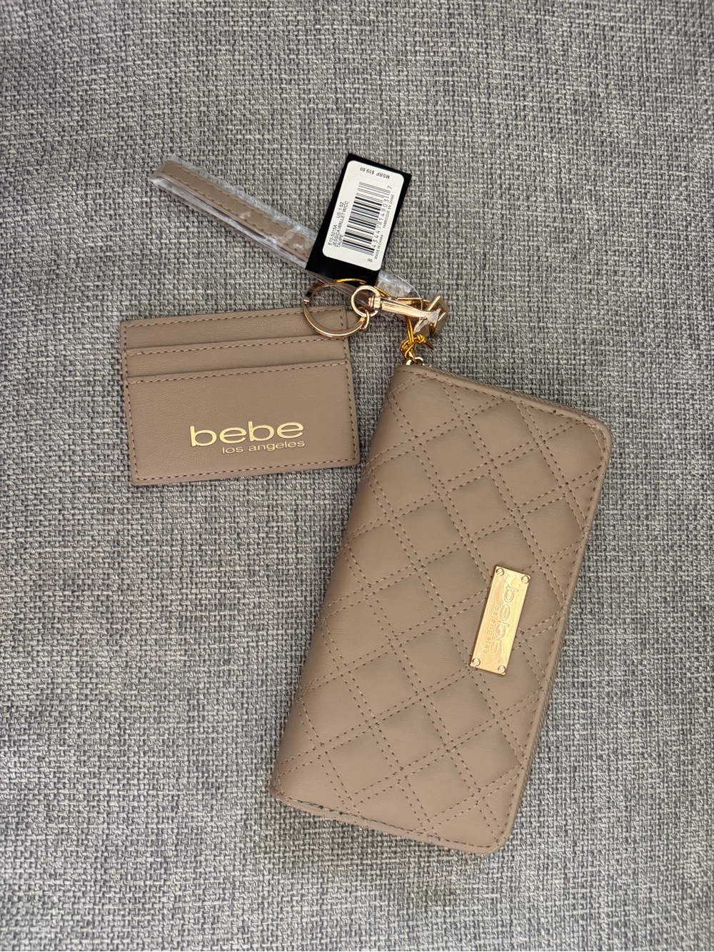 bebe Jessica Zip Wristlet Wallet in Taupe with Card Holder & Keyring Brand New
